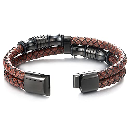 COOLSTEELANDBEYOND Mens Double-Row Braided Leather Bracelet Bangle Wristband with Black Stainless Steel Ornaments - color: G-Brown Black
