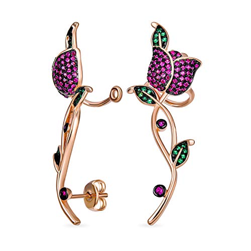 3D Wire Reddish Pink Cubic Zirconia Micro Pave Flower Red Rose Flower Helix Ear Pin Climber Crawler Cartilage Lobe Earrings For Women Teen Rose Gold Plated Brass