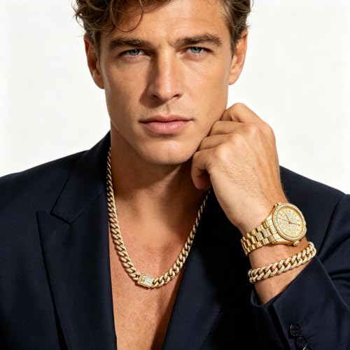 NEWITIN 4 Pieces Cuban Jewelry Set for Men Diamond Watch Necklace Bracelets | Hypoallergenic, Cubic Zirconia, Cuban Link Chain, Iced Out Bling Rhinestone, Silver Gold Black, Hip Hop Jewelry Set for Men
