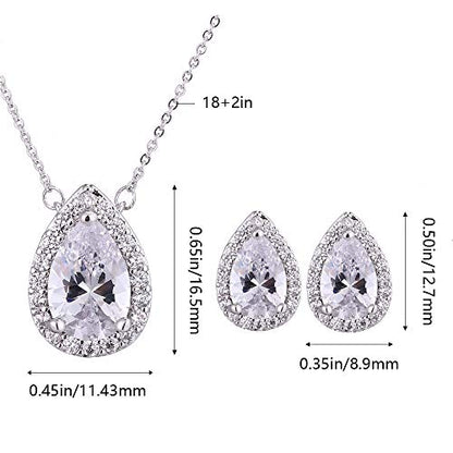 Women's Wedding Jewelry Set for Bride Teardrop CZ Necklace Earrings Set | Sterling Silver Pear Shape Necklace and Studs Crystal Rhinestone Costume Jewelry for Party Prom Bridesmaids - color: Clear