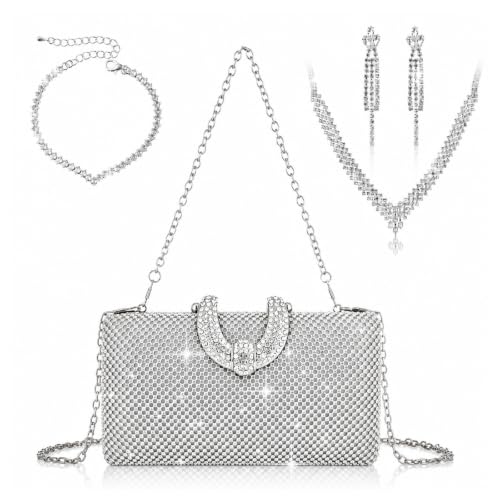 Quelay 4 Pcs Purse Rhinestone Jewelry Set Women | Wedding Bridal Prom Jewelry Sparkly Clutch Handbag with Necklace Bracelet Dangle Earrings Shiny Costume Kit - color: Silver, style: Elegant