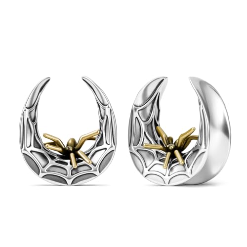 ERKUOO 2PCS 0g 00g-1" Gothic Golden Raven Skull Saddle Ear Gauge Spider Web Double Flared Plug Tunnels Expander Piercing Jewelry For Women Men 8mm-25mm - color: Spider Web-Silver, size: 00g=10mm