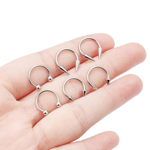 6Pcs Septum Rings 16G Surgical Steel Snake Bite Jewelry Long Spike Horseshoe Lip Rings Smiley Piercing Jewelry for Women Men 8mm 10mm - color: 16g,Diameter:10mm,silvertone