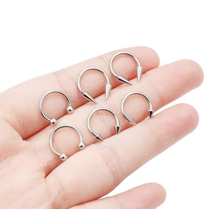 6Pcs Septum Rings 16G Surgical Steel Snake Bite Jewelry Long Spike Horseshoe Lip Rings Smiley Piercing Jewelry for Women Men 8mm 10mm - color: 16g,Diameter:10mm,silvertone