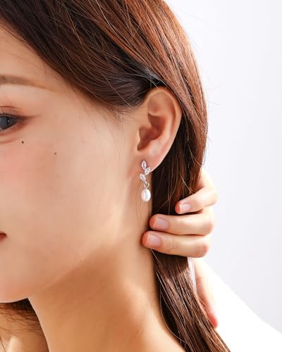 Pearl Earrings for Women, 14k Gold Plated Trendy Diamond Pearl Drop Earrings Bridal Shower Gifts Wedding jewelry for Women - color: Style C Silver