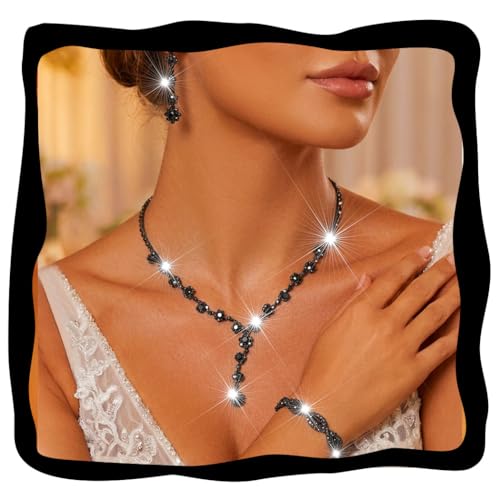 Aukmla Rhinestone Wedding Prom Jewelry Sets Silver Diamond Necklaces and Earring Bracelet Set for Brides and Women - color: Black