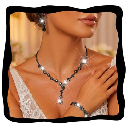 Aukmla Rhinestone Wedding Prom Jewelry Sets Silver Diamond Necklaces and Earring Bracelet Set for Brides and Women - color: Black