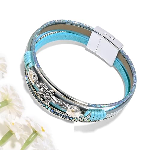 VIBILIA Boho Leather Wrap Bracelets for Women Multi-Layer Bracelets | With Strong Clasp Jewelry for Women - color: 04-ShellStarfish-Blue