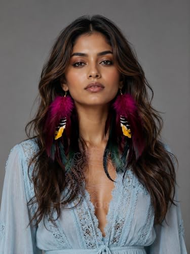 Boho Burgandy Feather Earrings for Women – Long Lightweight Statement Dangle Earrings for Festival, Gifts & Summer Style – FASHMOROUS