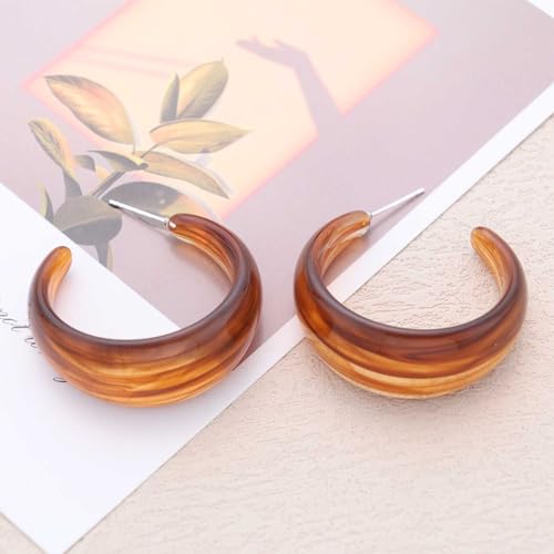 Punk Turquoise Hoop Earring Chunky Acrylic Hoop Earrings Blue Turquoise Circle Earring Acrylic Resin Hoops Earrings Wide C Shape Western Statement Jewelry for Women - color: Brown