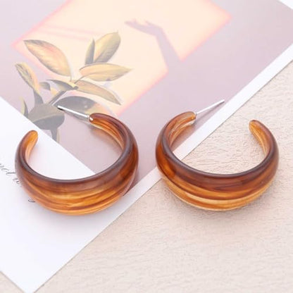 Punk Turquoise Hoop Earring Chunky Acrylic Hoop Earrings Blue Turquoise Circle Earring Acrylic Resin Hoops Earrings Wide C Shape Western Statement Jewelry for Women - color: Brown
