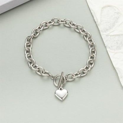 14K Gold Silver Tone Women’s Heart Charm Bracelets Toggle Clasp Stainless Steel Link Bracelet Minimalist Jewelry 7.5” - color: polish heart-white