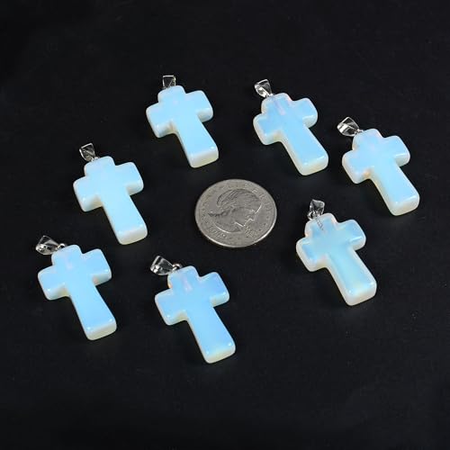 Justinstones 32mm Gemstone Carved Cross Reiki Chakra Pendant With Stainless Steel Necklace 22 Inch - color: Synthetic Opalite