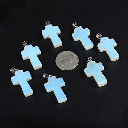 Justinstones 32mm Gemstone Carved Cross Reiki Chakra Pendant With Stainless Steel Necklace 22 Inch - color: Synthetic Opalite
