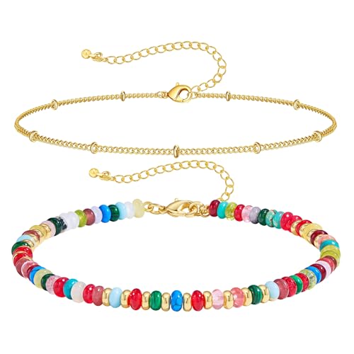 Ankle Bracelet for Women Natural Stone Colorful Beaded Boho Layered Anklet 14K Gold Plated Adjustable Beads Chain 2Pcs Anklets Set Handmade Summer Beach Jewelry - color: Colorful Beaded