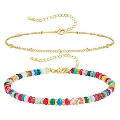 Ankle Bracelet for Women Natural Stone Colorful Beaded Boho Layered Anklet 14K Gold Plated Adjustable Beads Chain 2Pcs Anklets Set Handmade Summer Beach Jewelry - color: Colorful Beaded