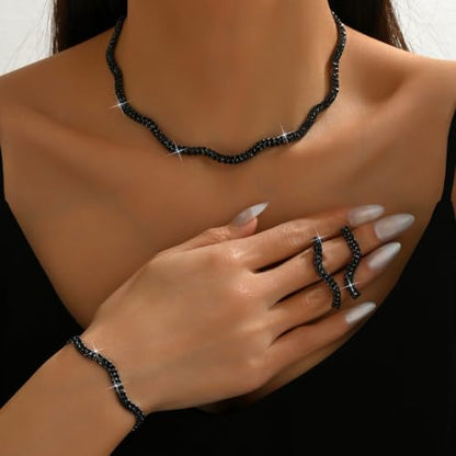 Gold Rhinestone Jewelry Set for Women Crystal Choker Necklaces Drop Earrings Adjustable Bracelet Elegant Prom Bridal Jewelry - color: Black