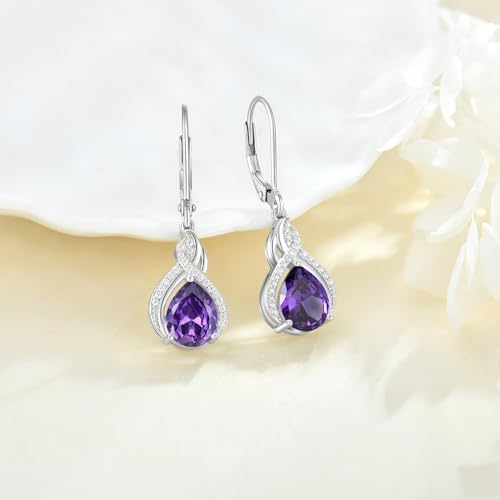 925 Sterling Silver Infinity Teardrop Earrings for Women | Lwsary Dangle Drop Leverback Earrings, Pear Shaped Birthstone Jewelry for Her - color: Purple