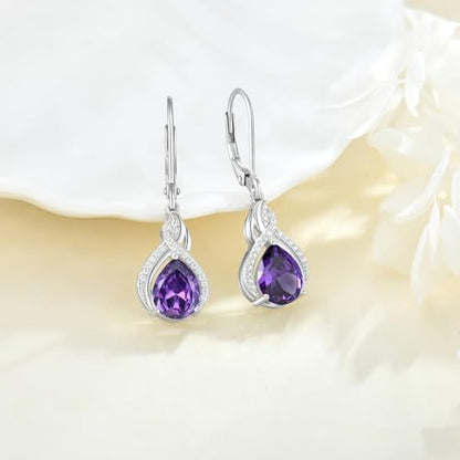 925 Sterling Silver Infinity Teardrop Earrings for Women | Lwsary Dangle Drop Leverback Earrings, Pear Shaped Birthstone Jewelry for Her - color: Purple