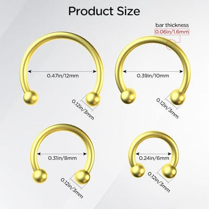 8 PCS 16G Surgical Steel Horseshoe Nose Septum Earrings Eyebrow Lip Retainer Spiral Tragus Puncture Rings 6-12mm for Women Men - color: Gold