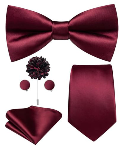 Hi-Tie 5Pcs Mens Solid Color Silk Tie Satin Pretied Bowtie Lapel Pin for Men Handkerchief Cufflink Wedding Gift Box - color: Burgundy