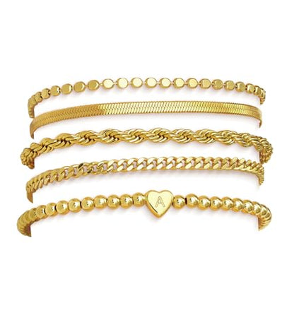 doubgood Gold Bracelets for Women Non Tarnish, Waterproof Gold Bracelet Stack Set with Initial Charm Dainty Layered Chain Heart Jewelry Gifts for Women - color: A - Gold