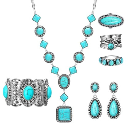 Ecally Bohemian Western Jewelry Turquoise Set Women Country Pendant Long Choker Layered Bracelets Earrings Ring for Women - color: Turquoise, style: Bright