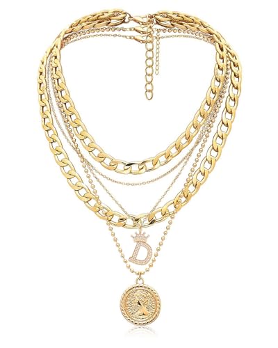 MJartoria Layered Necklaces for Women Trendy Retro Coin Crown Letter Pendant Necklace Dainty Chunky Chain Choker Necklaces for Jewelry Birthday Gifts - style: D