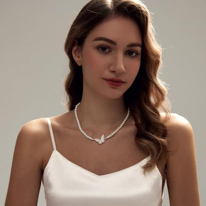 Zeffy Pearl Necklace 4MM/6MM/8MM Dainty Round Imitation Pearl Choker Necklace Wedding Pearl Necklace Delicate Jewelry for Women Simple Bridesmaid Jewelry Gifts - style: 6mm Silver Butterfly Pearl Necklace(18"+2")