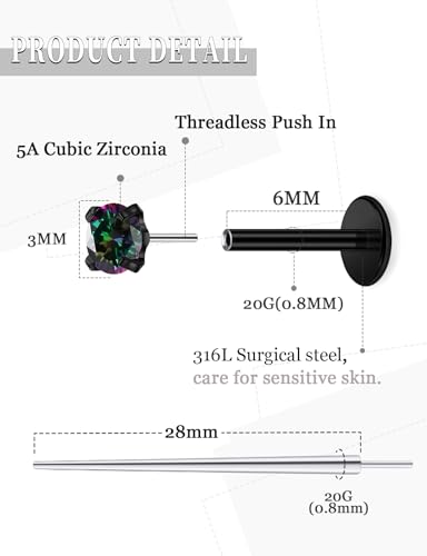 20G 18G 16G Threadless Nose Rings Studs Flat Back Earrings Surgical Stainless Steel CZ Nose Rings Stud Tragus Helix Conch Cartilage Earrings Stud Piercing Jewelry For Women Men Hypoallergenic - color: Black-Rainbow CZ, size: 20 Gauge-6mm Bar-3mm CZ