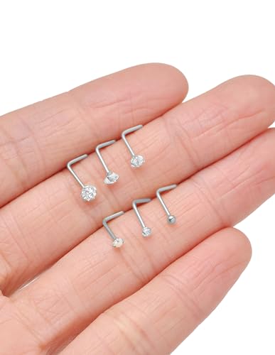 Akeoqi 15PCS G23 Titanium Nose Studs Ring L-Shaped Round CZ Ball Opal Star Heart Nose Studs Nostril Body Piercings Jewelry Set for Women Men Silver Gold Tone 20G 1.5mm 2mm 2.5mm 3mm 3.5mm