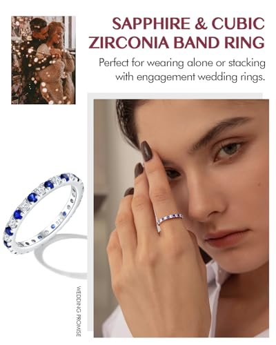 DAYBYDAY Sapphire/Emerald/Ruby Full Eternity Band Rings for Women, 2.4mm Thin Birthstone Stackable Rings, 925 Sterling Silver/14K Gold Plated Gemstone Wedding Band Anniversary Ring Size 6 to 10 - color: 09. Blue Sapphire & Cz, September