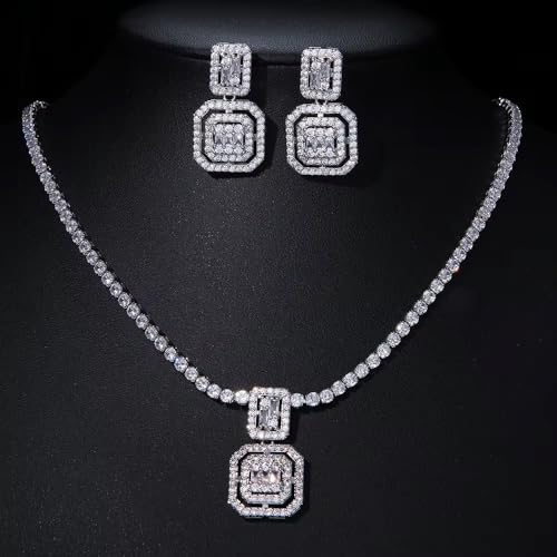 Cubic Zirconia Double Halo Pendant Necklace and Drop Earrings Jewelry Set, Silver-Tone, Baguette Cut