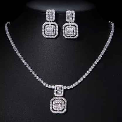 Cubic Zirconia Double Halo Pendant Necklace and Drop Earrings Jewelry Set, Silver-Tone, Baguette Cut