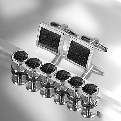 Mens Cufflinks and Tuxedo Studs Set in Gift Box (Carbon Fiber), Jewelry or Accessories in Gold Silver Black Tone, Matching with Shirts Vest and Bow tie, Suitable for Birthday Wedding Anniversary - color: Black / Silver Tone