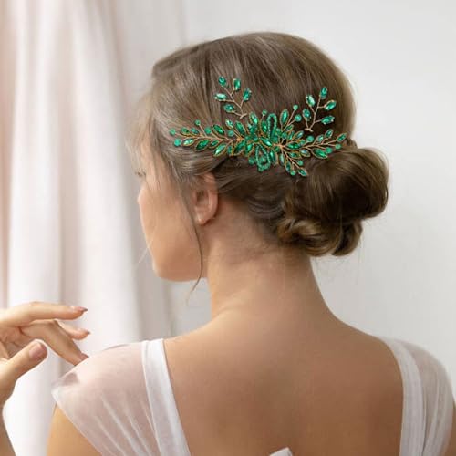 Dizila 7 Pieces Emerald Green Crystal Bead Party Prom Wedding Bridal Vine Leaf Hair Side Combs + Rhinestone U-shaped Hair Pins Headpieces for Brides Bridesmaids Women Girls - color: Emerald Green