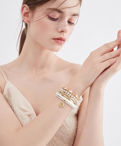 LALAPPLE Shell Bracelet Boho Beaded Stretch Bracelets for Women Seashell Strand Bracelets Starfish Charm Jewelry Summer Beach Jewelry Stackable Crystal Gold Plated Beads Bracelet for Women - style: T-Style9 petal