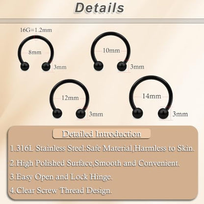 16G Horseshoe Septum Nose Rings 316L Surgical Steel Cartilage Tragus Helix Rook Daith Hinged Clicker Earring Snake Bites Lip Piercing Jewelry for Women Men 10mm 3/8 inch Silver Black Gold - color: Gold