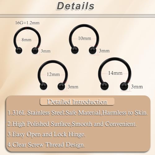 16G Horseshoe Septum Nose Rings 316L Surgical Steel Cartilage Tragus Helix Rook Daith Hinged Clicker Earring Snake Bites Lip Piercing Jewelry for Women Men 10mm 3/8 inch Silver Black Gold - color: Black