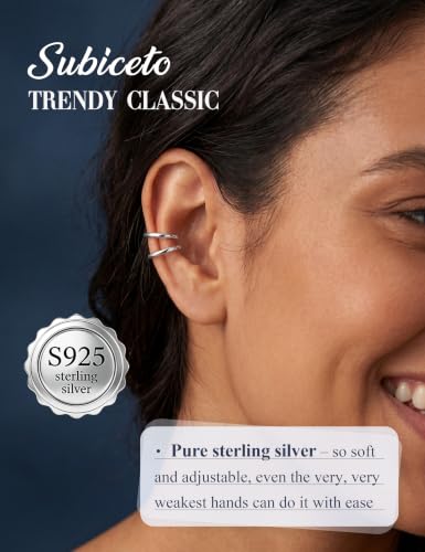 Subiceto 925 Sterling Silver Ear Cuffs Non Piercing - Adjustable Hypoallergenic 14K Gold Plated Clip On Earrings for Women Cubic Zirconia Silver Ear Cuff Helix Cartilage Fake Piercing - color: 04 Smooth Silver Tone