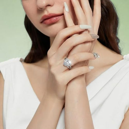 AOBOCO Heart Shaped Open Promise Ring for Women, White Cubic Zirconia Halo Adjustable Ring, Elegant Love Design, 925 Sterling Silver
