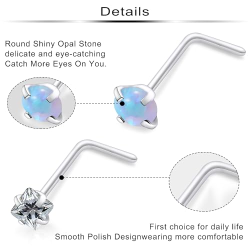 Hypoallergenic Nose Rings Studs 18G & 20G Surgical Steel Nose Studs L Shaped Nostril Piercing Jewelry with Cubic Zirconia for Women & Men - color: 20g,L-shape,crystal+opal