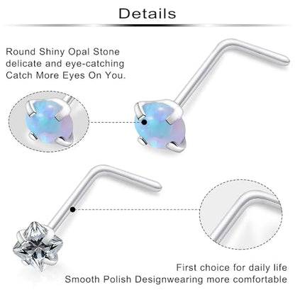 Hypoallergenic Nose Rings Studs 18G & 20G Surgical Steel Nose Studs L Shaped Nostril Piercing Jewelry with Cubic Zirconia for Women & Men - color: 20g,L-shape,crystal+opal