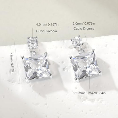 White Gold Earrings for Women Men Hoop and Stud Earring Set | Hypoallergenic 14K White Gold Plated Hoops Huggie Stud Earrings Set Round Cubic Zirconia Ear Jewelry - style: A6-White Gold-Hoop&Square Dangle Stud (4 Pairs)
