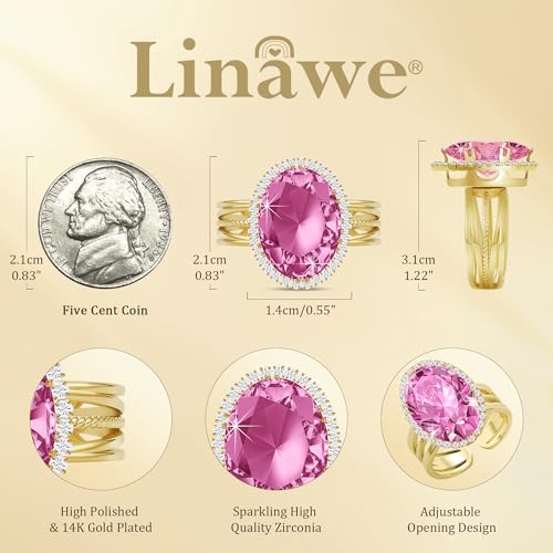 Linawe Costume Jewelry Adjustable Cocktail Ring for Women | Copper, Rhinestone, Cubic Zirconia, Oval, Fake Diamond, Crystal, Stone, Birthstone, Gemstone, Big, Chunky, Statement - color: Yellow Pink