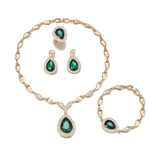Womens Luxury Africa Dubai 18k Gold Plated Jewelry Sets Wedding Rhinestone Crystal Bib Statement Necklace Earrings Set for Brides Party Prom - color: Green 2