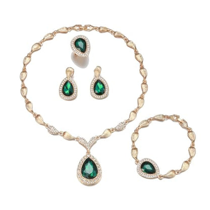 Womens Luxury Africa Dubai 18k Gold Plated Jewelry Sets Wedding Rhinestone Crystal Bib Statement Necklace Earrings Set for Brides Party Prom - color: Green 2