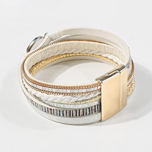 Vercret Leather Wrap Bracelet for Women, Multi-Layer Cuff Bangle | Boho Stacked Bracelets with Safe Clasp Western Bangle Jewelry Gift for Lady and Mom Sister Friend - style: White Leather Bracelet