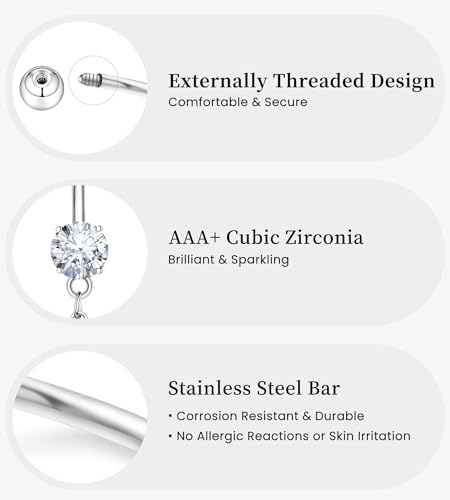 BSJ4U 10 Pcs Gold Plated Silver Belly Button Ring Dangle Hypoallergenic Surgical Stainless Steel Belly Rings for Women CZ Floating Clicker Heart Pearl Bow Flower Butterfly Navel Piercing Jewelry Dangly Navel Ring - color: Silver Belly Button Ring