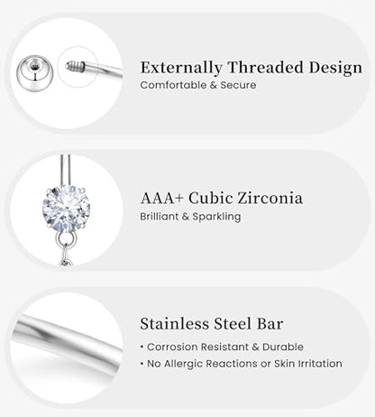 BSJ4U 10 Pcs Gold Plated Silver Belly Button Ring Dangle Hypoallergenic Surgical Stainless Steel Belly Rings for Women CZ Floating Clicker Heart Pearl Bow Flower Butterfly Navel Piercing Jewelry Dangly Navel Ring - color: Silver Belly Button Ring
